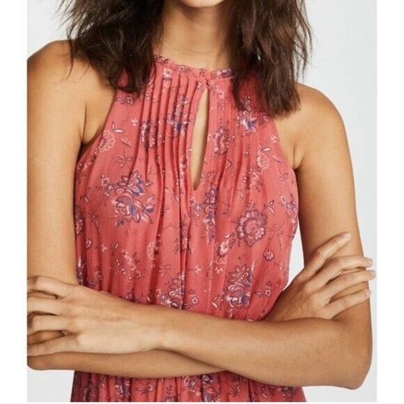 Joie 100% Silk Coral Pink Print Sheer Tiered Halter Midi Flowy Sundress Sz M - Picture 3 of 14